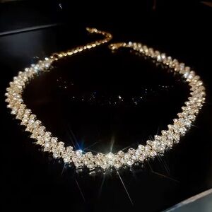 Gold Choker Tennis Necklace Rhinestone V Shaped Crystal Statement Collar Shiny